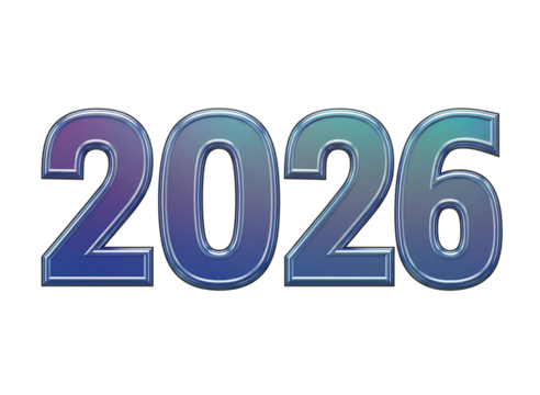 Metallic blue and purple gradient numbers 2026 isolated on transparent background