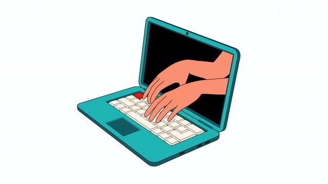 Hacking metaphor - code appears on a laptop screen, then the screen glitches, and hands emerge from the screen to type on the keyboard. Loop animation with alpha channel