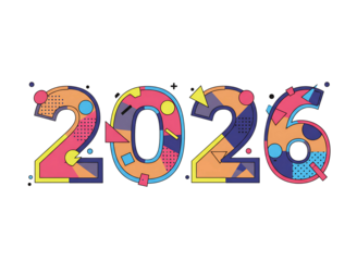 Colorful abstract numbers 2026 isolated on transparent background