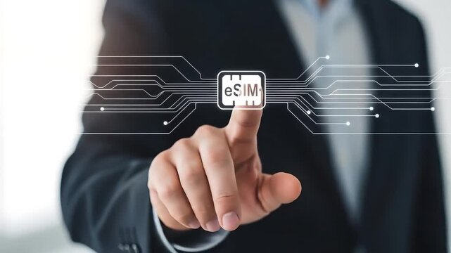 Businessman touching an esim symbol representing modern digital technology