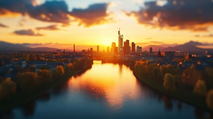 Breathtaking panoramic view of a vibrant city skyline du sunset with a river in the foreground and dramatic clouds in the sky