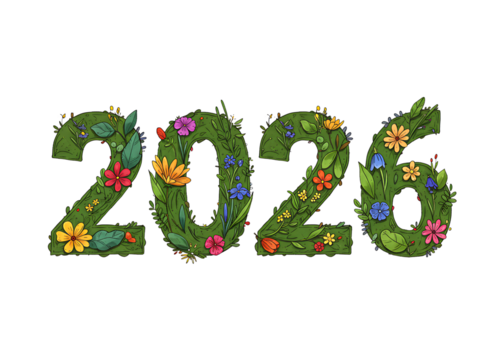 Green floral numbers 2026 isolated on transparent background