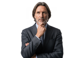 Pensive businessman portrait in suit thinking deeply isolated on transparent background stock photo, professional man isolated on transparent background