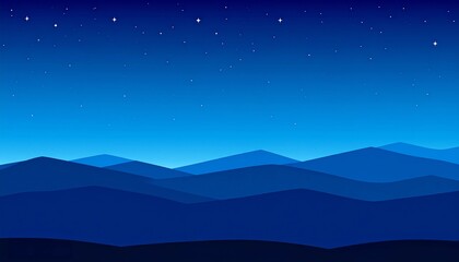 夜空に浮かぶ青い山並み　星と都市シルエットの静かな景色のイラスト