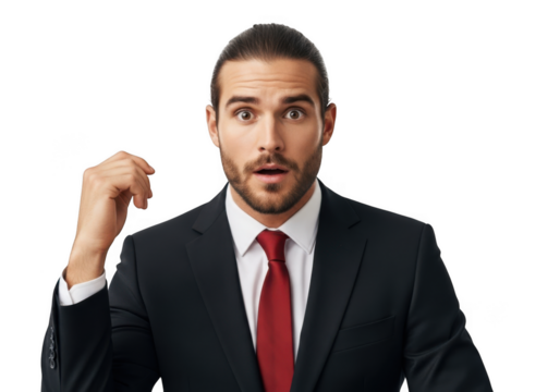 Shocked businessman pointing upwards, surprised executive with open mouth, astonished male professional in suit, isolated on transparent background