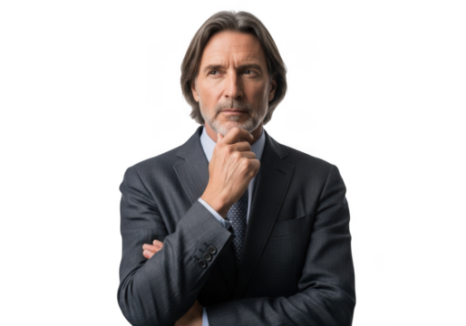 Pensive businessman portrait in suit thinking deeply isolated on transparent background stock photo, professional man isolated on transparent background