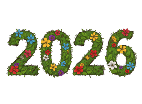 Green floral numbers 2026 isolated on transparent background - Powered by Adobe