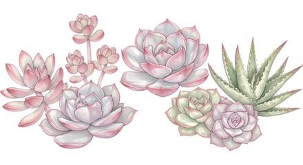 Watercolor succulents of pink and green shades