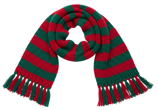 Knitted scarf with red and green stripes isolated on transparent background