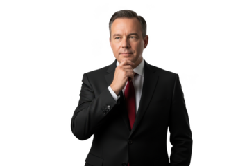 Professional businessman pensive portrait in suit and tie with hand on chin stock photo isolated on transparent background