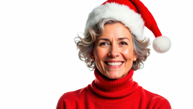 Senior Hispanic Woman Wearing Santa Hat on White Background