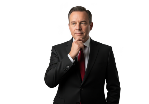 Professional businessman pensive portrait in suit and tie with hand on chin stock photo isolated on transparent background