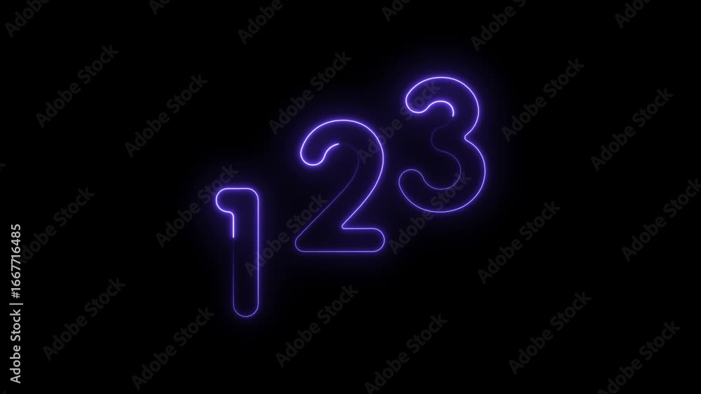 Poster glowing neon numbers one two three purple light isolated black background count countdowns sequence