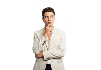 Pensive young man in suit thinking deeply portrait isolated on transparent background png image for creative projects, design and marketing isolated on transparent background