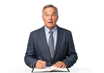 Surprised businessman writing in notebook, shocked expression, meeting, presentation, isolated png image for design and editing isolated on transparent background
