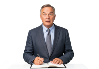 Surprised businessman writing in notebook, shocked expression, meeting, presentation, isolated png image for design and editing isolated on transparent background