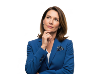 Pensive businesswoman thinking strategy isolated png image, woman in blue suit contemplating ideas and solutions, isolated on transparent background
