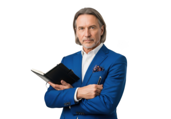 Professional businessman in blue suit holding notebook and pen portrait png image for design projects and marketing materials isolated on transparent background