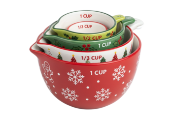 Christmas measuring cups with festive design isolated on transparent background