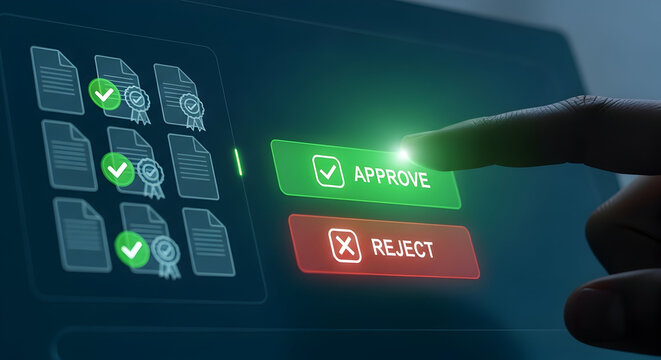 Digital approval process showing a document being approved with a touch on a futuristic interface