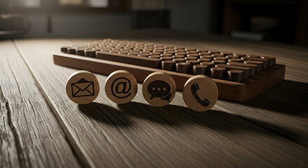 Wooden desk with contact icons (email, chat, phone) and a vintage keyboard in warm light