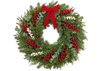 Christmas wreath with red bow and berries isolated on transparent background