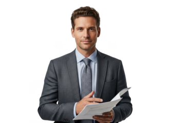 Professional businessman holding documents in suit and tie portrait looking at camera isolated on transparent background
