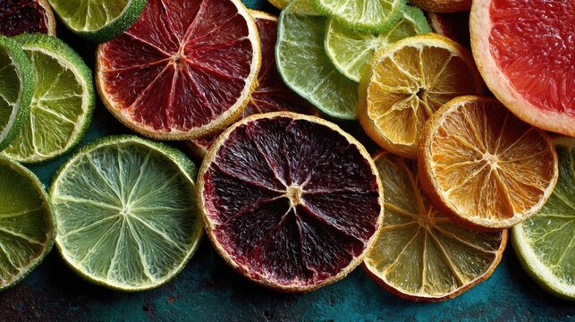 Top view of dried citrus wheels layered on baking sheet with visible texture color and rind structure ideal for tea garnish culinary  or natural food styling concepts