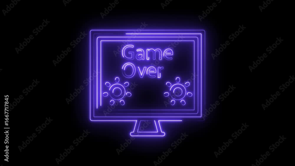 Aufkleber glowing purple neon computer screen displays game over message with abstract circular elements on