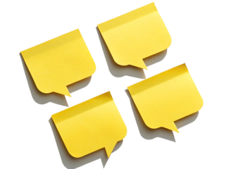 Four yellow speech bubble sticky notes isolated on transparent background