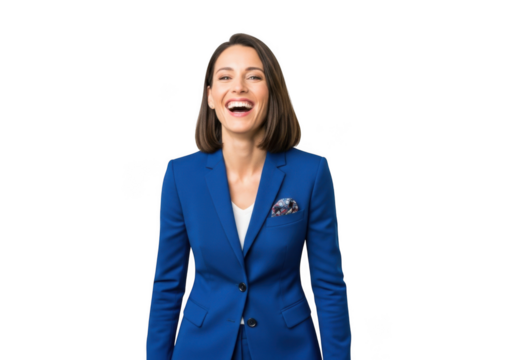 Excited businesswoman laughing in blue suit stock photo image, professional woman smiling, isolated on transparent background