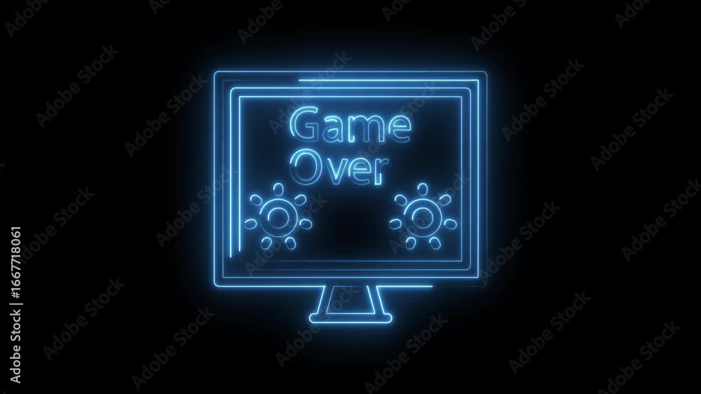 Poster glowing blue neon computer screen displays game over text with circular graphic elements on black
