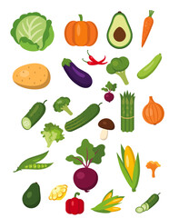 Set hand drawn colorful vegetables. Modern abstract minimal style. Healthy organic food. Salad, tomato, onion, zucchini, eggplant, leek, radish, potato, corn, peppers, beet. Vector flat illustration