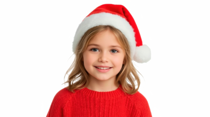 Portrait of Smiling Girl Wearing Santa Hat Isolated on White Background