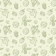 Hand-drawn seamless vector doodle pattern with strawberries, raspberries, bananas, and kiwis. Decorative fruits and berries for food design, packaging, invitations, and culinary projects