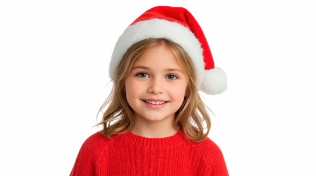 Portrait of Smiling Girl Wearing Santa Hat Isolated on White Background