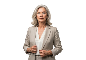 Mature businesswoman in suit png image for professional use, portrait of senior female executive, isolated on transparent background