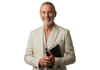 Smiling mature businessman holding notebook and pen wearing suit jacket portrait isolated on transparent background