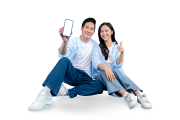 A couple holding a smartphone and smiling while doing a thumb up on PNG background