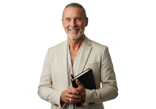 Smiling mature businessman holding notebook and pen wearing suit jacket portrait isolated on transparent background - Powered by Adobe
