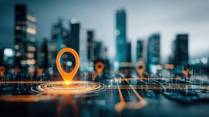 Modern cityscape with digital maps and location markers over skyline at night with blurred skyscrapers