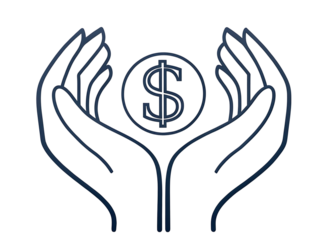 Hands holding a dollar coin symbol isolated on transparent background