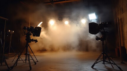 Cameras filming in a studio filled with artificial smoke