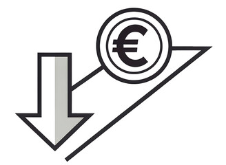 Euro currency symbol declining on graph isolated on transparent background