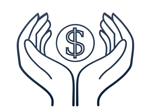 Hands holding a dollar coin symbol isolated on transparent background