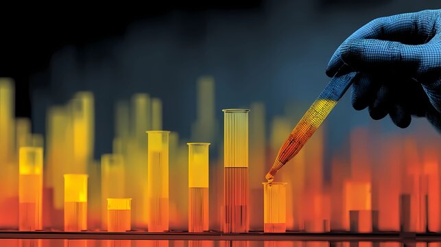 Scientist holds a laboratory vial with precision, performing detailed testing as part of ongoing medical and pharmaceutical research studies.