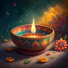 Traditional diya lamps light during diwali celebration