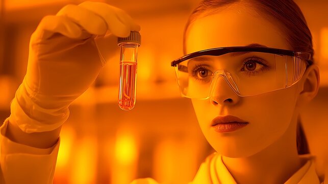 Scientist holds a laboratory vial with precision, performing detailed testing as part of ongoing medical and pharmaceutical research studies.
