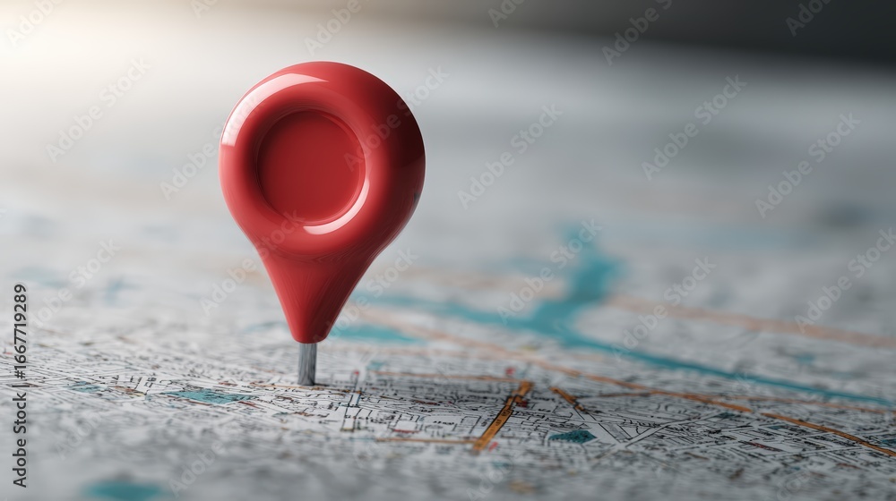 Aufkleber close-up of a red map location pin marker on a detailed paper map for navigation or travel planning
