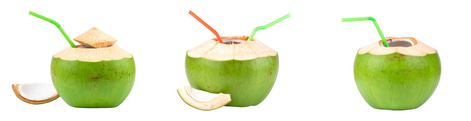 Three Green Coconuts with Straws and White Slices Against Transparent Background